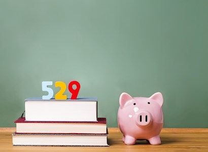 A piggy bank sits next to a pile of books with the numbers 529 stacked on top. The background is a chalkboard.
